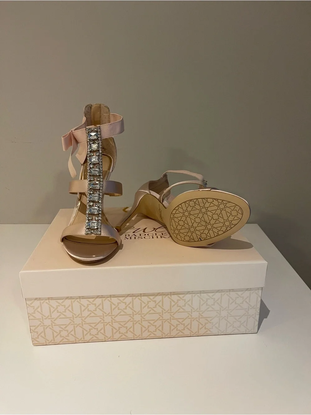 Jewel Badgley Mischka Blush Pink Satin T-Strap Heels with Rhinestone Bow